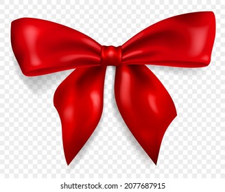 Beautiful big bow made of red ribbon with shadow, isolated on transparent background. Transparency only in vector format