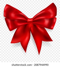 Beautiful big bow made of red ribbon with shadow, isolated on transparent background. Transparency only in vector format