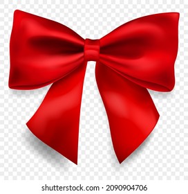 Beautiful big bow made of red ribbon with shadow, isolated on transparent background. Transparency only in vector format