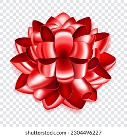 Beautiful big bow made of red shiny ribbon loops with shadow on transparent background
