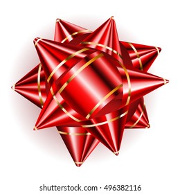 Beautiful big bow made of red ribbon with golden strips with shadow