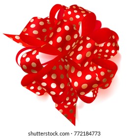 Beautiful big bow made of red ribbon in polka dots with shadow on white background