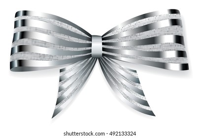Beautiful big bow made of striped silver shiny ribbon with shadow