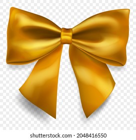 Beautiful big bow made of yellow ribbon with shadow, isolated on transparent background. Transparency only in vector format