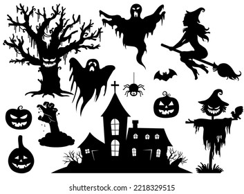 Beautiful and big collection, set of halloween spooky silhouettes vector illustration