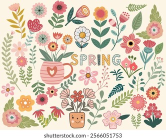 Beautiful big Collection of spring Flower with leaves, floral bouquets. Hand drawn botanical elements  Folk style for Spring art print, Happy Easter. Posters for spring holiday.