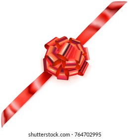 Beautiful big corner bow made of red shiny ribbon with shadow on white background