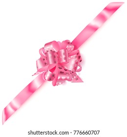 Beautiful big corner bow made of pink ribbon with small shiny hearts with shadow on white background