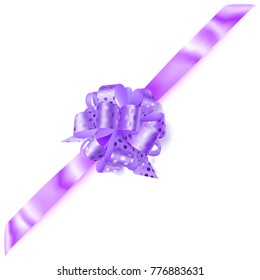 Beautiful big corner bow made of violet ribbon in polka dots with shadow on white background