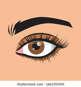 Beautiful Big Eye Of A Woman With Long Lashes. Makeup, Brown Cosmetic Shadows. The Heart Is Displayed In The Pupil. Vector Illustration. Beauty, Image, Beauty. Women's Style. Brown Eyes.