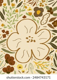 Wunderschöne große Blume, umgeben von kleinen und hinterlässt Muster auf weißem Hintergrund für Web, Branding-Paket, Stoffdruck, Bildschirmhintergrund, Social Media Post, Doodle, Notizen, Buchumschläge, Wanddekor.