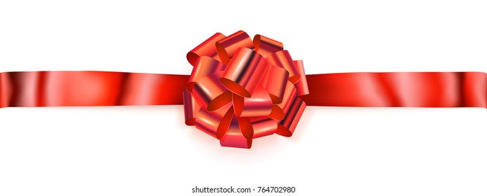 Beautiful big horizontal bow made red golden shiny ribbon with shadow on white background