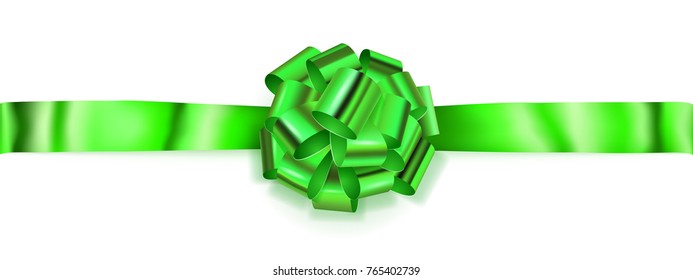 Beautiful big horizontal bow made of green shiny ribbon with shadow on white background