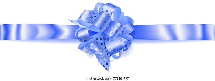 Beautiful big horizontal bow made of light blue ribbon in polka dots with shadow on white background