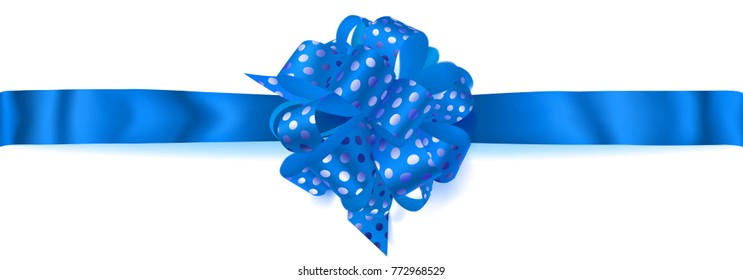 Beautiful big horizontal bow made of blue ribbon in polka dots with shadow on white background