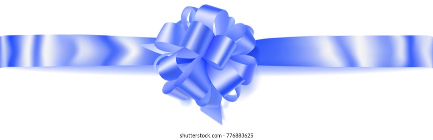 Beautiful big horizontal bow made of blue ribbon with shadow on white background