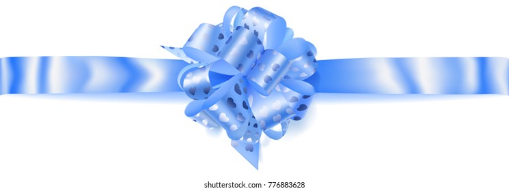 Beautiful big horizontal bow made of light blue ribbon with small shiny hearts with shadow on white background