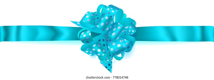 Beautiful big horizontal bow made of light blue ribbon in polka dots with shadow on white background