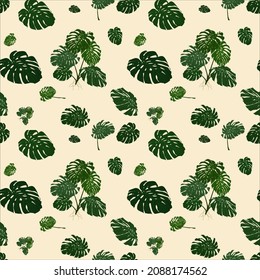 Beautiful big leaf Monstera Deliciosa "Swiss cheese plant" nature green background vector seamless Pattern.