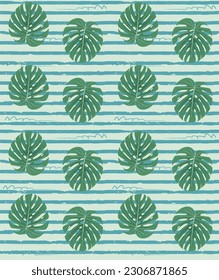 Beautiful big leaf Monstera Deliciosa seamless pattern with stripes.
Tropical background. Summer design.
