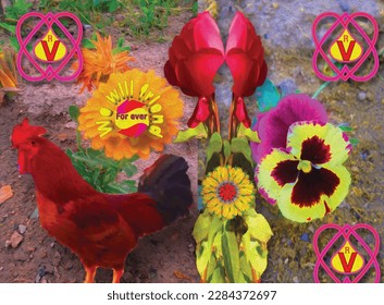 Beautiful big red cock standing on house roof is an aesthetic bird nature photo painting great for decoration ,textile and fabric print ,book cover ,valentine day gift card and other print and website