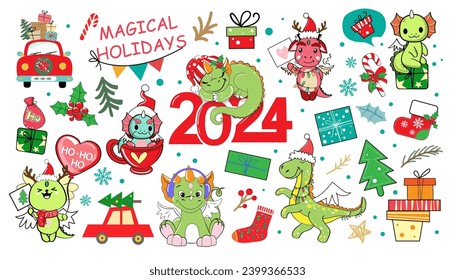 Beautiful big set with cartoon Christmas dragons and xmas decorations. Vector illustration Chinese New Year symbol