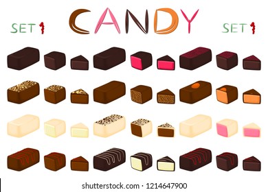 Beautiful big set colorful chocolate desserts from candies bonbon. Candy bonbon consisting of milk chocolate covered sweet nougat. Chocolate candy collection in different shapes, tasty food bonbon.