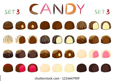 Beautiful big set colorful chocolate desserts from candies bonbon. Candy bonbon consisting of milk chocolate covered sweet nougat. Chocolate candy collection in different shapes, tasty food bonbon.