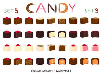 Beautiful big set colorful chocolate desserts from candies bonbon. Candy bonbon consisting of milk chocolate covered sweet nougat. Chocolate candy collection in different shapes, tasty food bonbon.