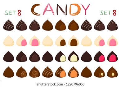 Beautiful big set colorful chocolate desserts from candies bonbon. Candy bonbon consisting of milk chocolate covered sweet nougat. Chocolate candy collection in different shapes, tasty food bonbon.