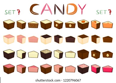 Beautiful big set colorful chocolate desserts from candies bonbon. Candy bonbon consisting of milk chocolate covered sweet nougat. Chocolate candy collection in different shapes, tasty food bonbon.