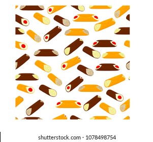 Beautiful big set of colorful cream desserts from wafer Sicilian cannoli. Cannoli consisting of milk wafer desserts covered sweet stuffed cream. Eat tasty desserts wafer cannoli on natural yummy cream