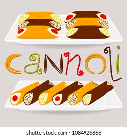 Beautiful big set of colorful cream desserts from wafer Sicilian cannoli. Cannoli consisting of milk wafer desserts covered sweet stuffed cream. Eat tasty desserts wafer cannoli on natural yummy cream