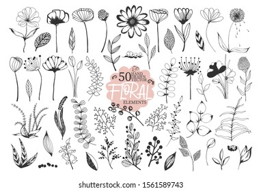 Beautiful big set of floral elements. 50 hand drawn doodle sketchy flowers, leaves and berries. Vector for design cards, wedding invitations, poster, Birthday or Valentines Day greeting cards.