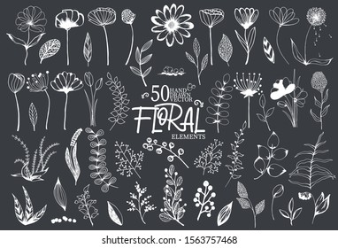 Beautiful big set of floral elements. Hand drawn doodle sketchy flowers, leaves, branches and berries. Vector for design cards, wedding invitations, poster, Birthday or Valentines Day greeting cards.