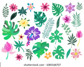 Beautiful big  set with tropical palm leaves,  exotic  flowers. Cute  vector elements in  flat cartoon  style. For your design, posters,  textile, wedding invitation,  banners.  Vector illustration.   - Shutterstock ID 1085568707