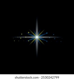 Beautiful big star with white, yellow and blue rays on a black background, glare, beautiful diffused light, light effect