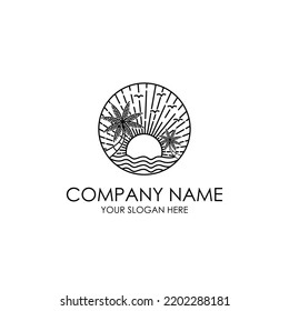 beautiful big wave beach sunrise line art logo