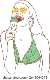 beautiful bikini girl eating delicious macha ice cream vector