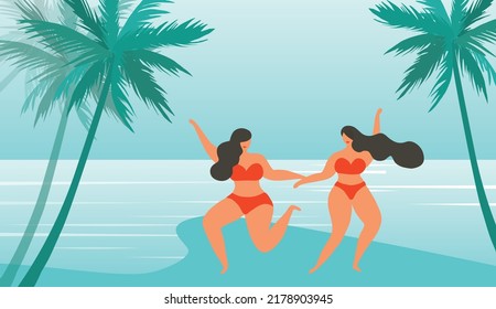 Beautiful bikini women dancing happily on sunset beach background. Summer holidays and sunbathing on beach concept