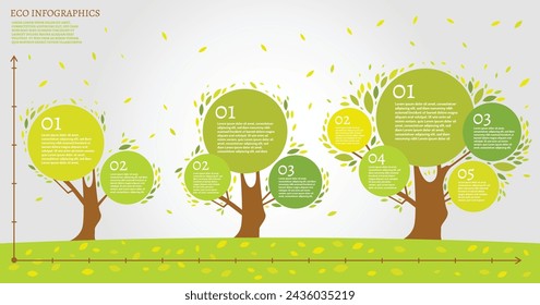 Hermosas bioinfografías con hojas y árbol. Ecología, concepto de biología. Medio ambiente y desarrollo sostenible. Imagen vectorial editable. Ideal como folleto, folleto o plantilla de diseño de presentación