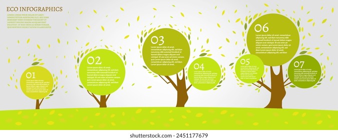 Beautiful bio infographics with leaves and tree. Ecology, biology concept. Environment and sustainable development. Editable vector image. Ideal as a brochure, leaflet or presentation design template