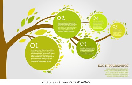 Beautiful bio infographics with a tree and a branch. Ecology, biology concept. Environment and sustainable development. Vector image. Ideal as a brochure, leaflet, presentation design template