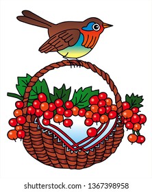 Beautiful bird and a basket with red berries. Colored vector for card or gift. 