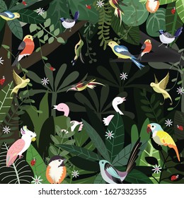 Beautiful bird in botanical tropical forest, green leaf frame and cute bird.
