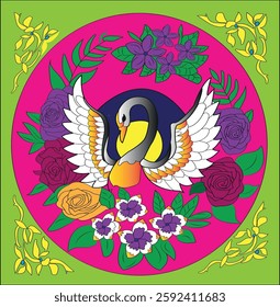 It is a beautiful bird and flower