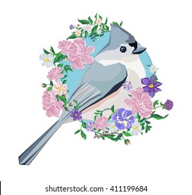 beautiful bird in the flowers, icon, logo, cute image of birds, vector illustration colored summer.