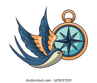 beautiful bird flying with compass vector illustration design