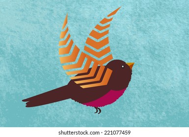 beautiful  bird with funky wings over watercolor grunge sky 