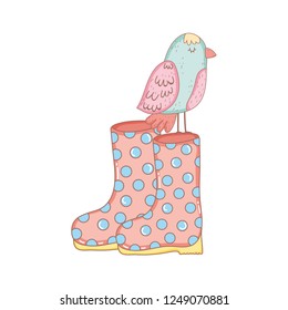 beautiful bird with gardening boots